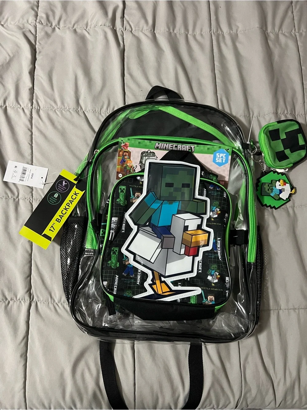5 Piece Minecraft Clear 17 inch Backpack & Lunch Bag Set